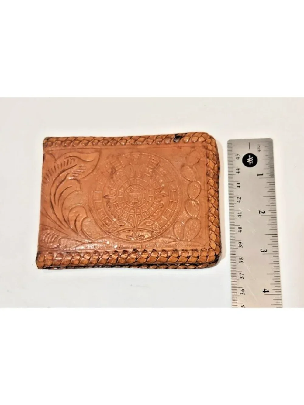 Wallet Bi Fold Hand Tooled Leather Embossed Aztec Stamped Mexico Brown